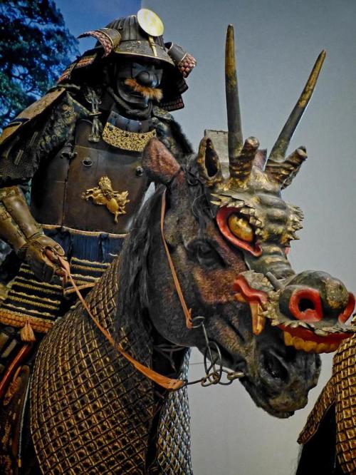 Mounted Samurai wearing Tatehagidō Armor with horse wearing a horned dragon mask. Early Edo Period, 