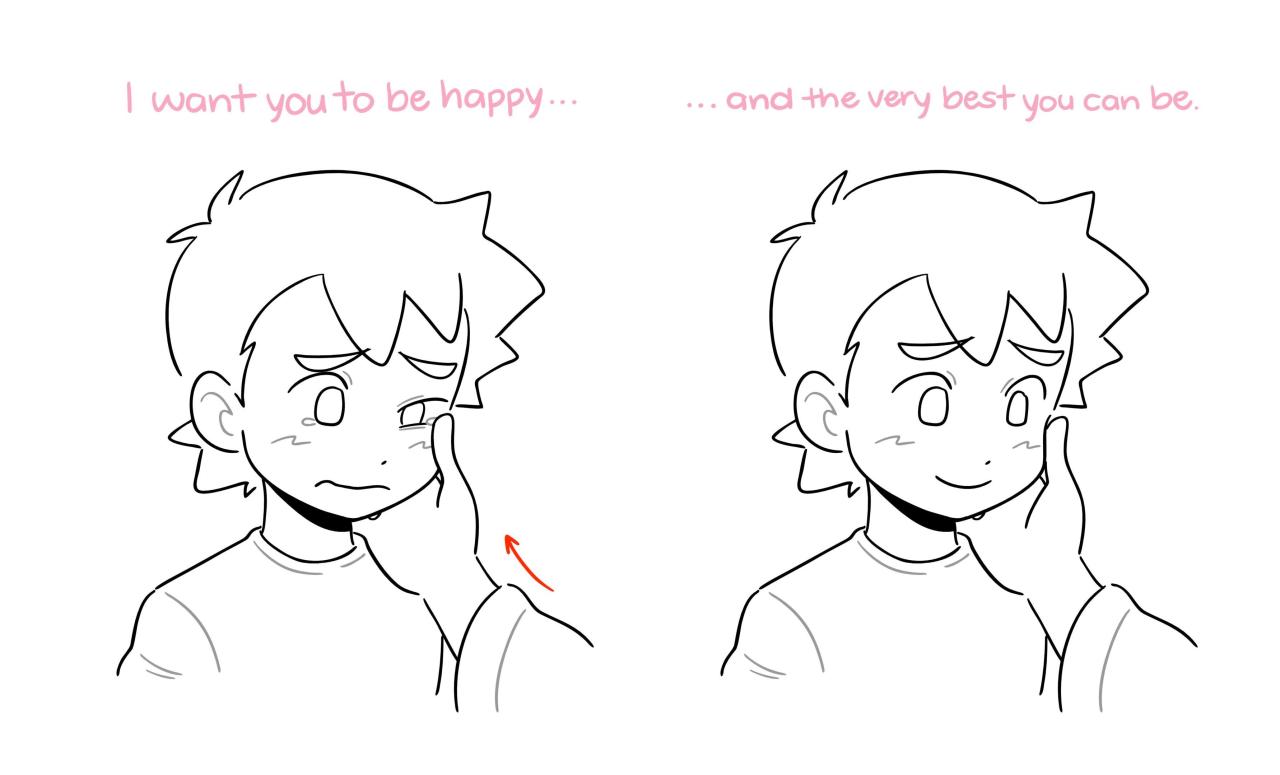 "I want you to be happy... and the very best you can be." Ash looks down sadly at his mom. Delia's hand comes in and wipes away one of his tears. In the second panel, Ash gives her a small smile.