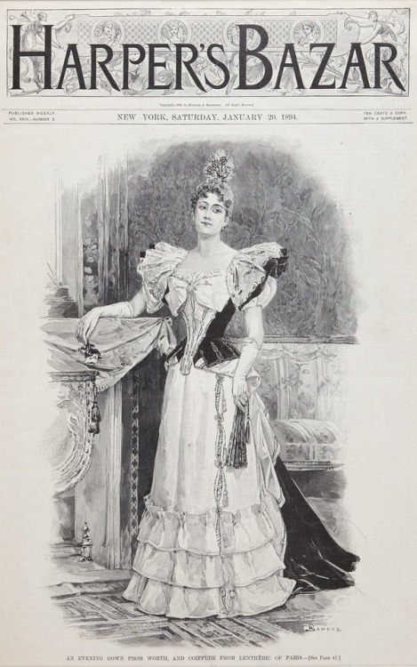 An illustration of a Worth evening gown from Harper’s Bazaar, 20th January 1894