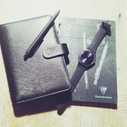im-a-conversation:  filoguy:  My essentials: Black Saffiano Personal Black matte Mapplethorpe/ Rodin pen Clairefontaine Dotpad Swatch 2010 - Black Rebel  My Aesthetic