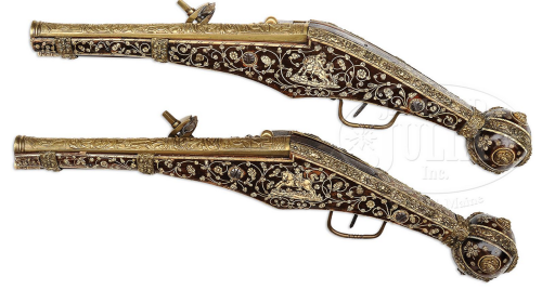 peashooter85:  A heavily decorated set of wheel-lock pistols originating from Saxony, 16th century. Estimated Value: ฤ,000 - ุ,000 