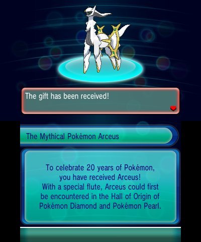 shelgon: For those of you in Europe, Australia & North America, a second chance event for Arceus has gone live in both North America and Europe on XY & ORAS. In North America, this is through the code ARCEUS20 and in Europe it’s through the