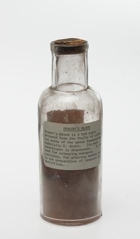 Apothecary Jar - Dragon’s Blood, circa 1900. Clear glass jar containing Dragon’s Blood used in the pharmacy of a mental health hospital, Victoria, Australia, circa 1900. Dragon’s blood is a red resin prepared from fruits of climbing