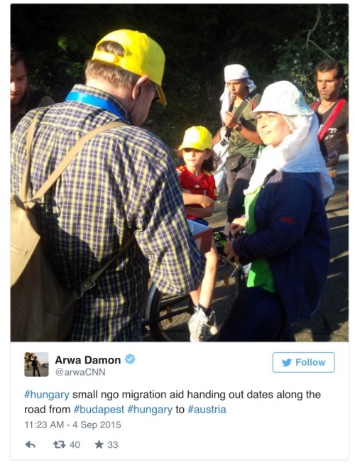 trusting-the-disgusting:  mypersonalbrandofheroin:  fiftythreecrimes:  European Citizens Providing Food, Other Help To Exhausted Refugees Marching To Austria - Buzzfeed More than 1,000 Syrians began marching from Budapest to Austria Friday as they fled