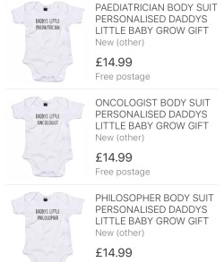 elodieunderglass: An aesthetic that first appears to be pure and basic Heterosexuals Are At It Again, but becomes increasingly uncomfortable until you finally understand:   these babygrows (onesies) with parental professions on eBay.  An entrepreneurial