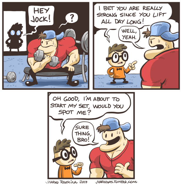 markraas:  Nerd and Jock episodes 1-4. I accidentally bumped into repost of my comics