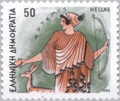 stamp-it-to-me:four 1986 Greek stamps depicting the goddesses (from left to right, top to bottom) Ar
