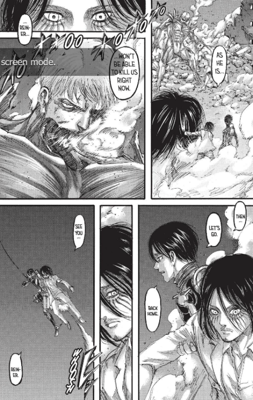 erensjaegerbombs:  I just wanted to dump this really huge difference in the official translation from the fan translation:  So basically Eren was talking about how Reiner is out of strength and won’t be able to do anything to them. So it seems they