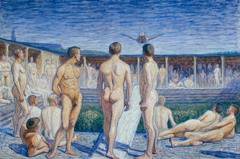 bobsnakedguysblog:  Eugène Fredrik Jansson (Stockholm 18 March 1862 – Skara 15 June 1915.) Various paintings of the Kalgoorlie Baths, in the goldfields of Western Australia, including a self portrait, early 1900′s.  