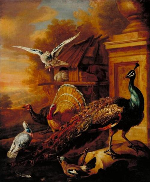 heartbeat-of-leafy-limbs:MARMADUKE CRADOCK A Peacock and Other Birds in a Landscape [circa 1700]