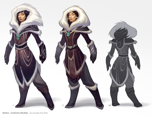 zebrafeets-art:  A character dump from my senior project about Sedna, the Inuit goddess of the oceans. The kokogiak isn’t included in the original legend, but I thought he could be a neat boss or npc to encounter in-game.  