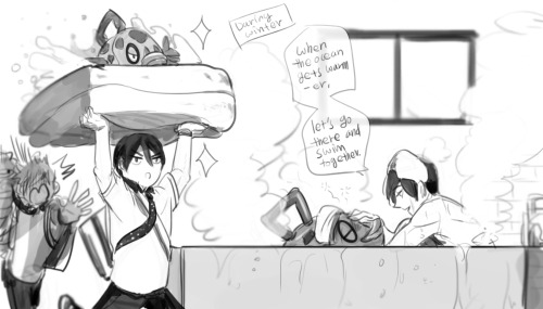 trixiedragon:  diaemyung:  Free! x Pokemon (Click the images for larger size). Story of Haruka and Feebas  Haruka met Feebas when he was young. He finally evolved when Haru is Grade 12, but he was too big to stay at home. In the end, Haru decided to