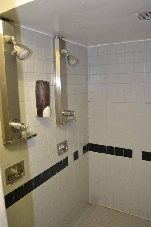 Men’s shower room at The Vanderbilt Hostel YMCA, New York City.