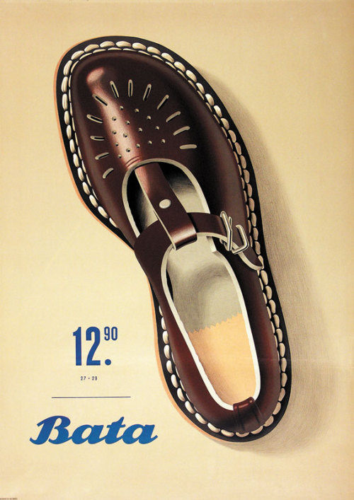 Peter Birkhäuser, illustration for an advertising poster of Bata Shoes, 1952. Switzerland.