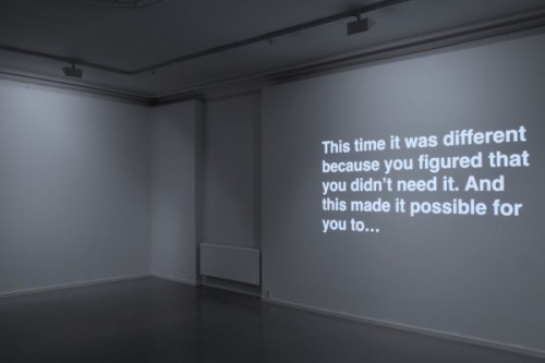 lehroi:  Ignas Krunglevicius ‘NARRATIVE WITH AN UNEXPECTED OUTCOME’, 2011. The video installation documents a dialogue from a group therapy session as animated text. Each screen represents a different persona from the therapy session. During