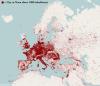 Cities and towns in Europe over 1000 inhabitants.
The source for the data, according to http://worldmap.harvard.edu/ is Geonames’ database. The map underneath the overlay is Open Street Map.