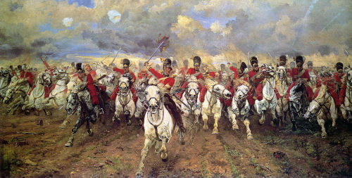 Scotland Forever, Lady Elizabeth Butler,1881, Leeds Art Gallery Soldiers with red uniforms are ridin