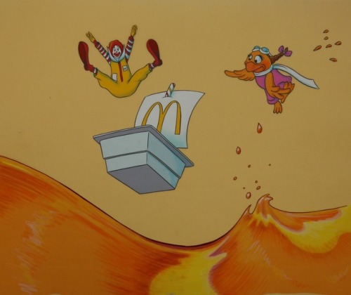 ‪Production art from a 1980s McDonald’s commercial, showing Ronald McDonald and Birdie the Early Bir