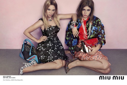 kellycomarketing: Les belle filles… Léa Seydoux and Adèle Exarchopoulos, the two French co-stars of Blue Is the Warmest Color, the controversial film that won the Cannes Film Festival Palme d’Or featured in Miu Miu’s resort 2014 ad campaign.