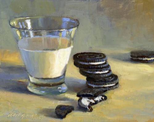 Oreo Cookies With Glass of Milk   -    Hall Groat IIAmerican  b.1967- Oil on canvas, 8 x 10 in.