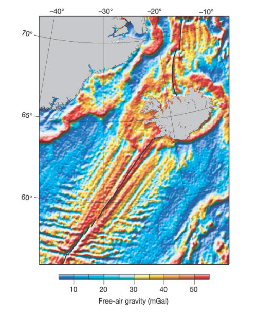 V-Shaped RidgesThis image shows the bathymetry of the ocean floor just south of Iceland, an area wit