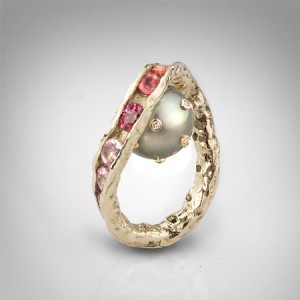 Ring made from 14K gold with diamonds, sapphires and pearl  (via New pieces of exclusive g