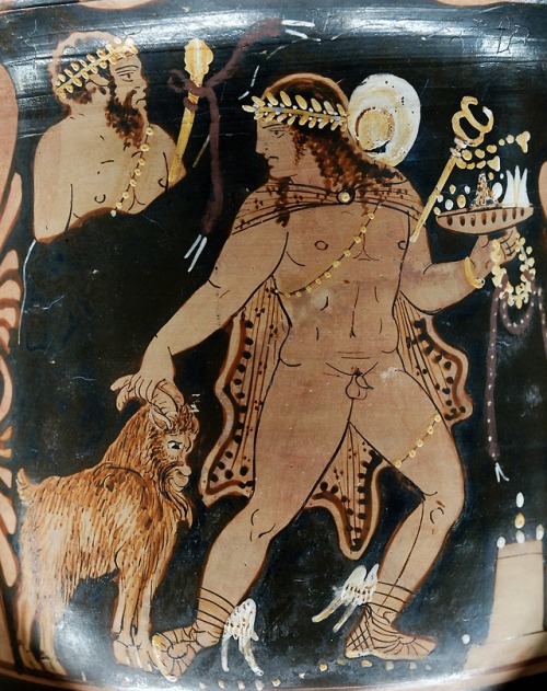 lionofchaeronea:The god Hermes leads a goat to be sacrificed.  Side A of a Campanian red-figure bell