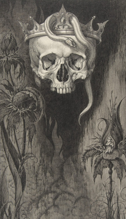 sakrogoat:Henry Weston Keen - Skull Crowned with Snakes and Flowers