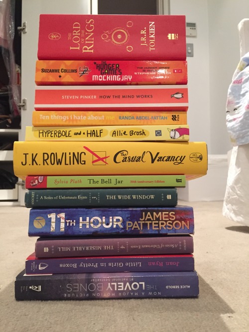 confessions-ofabookaholic:Day 13: Book Stack            I chose to make a rainbow from my books :)