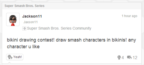 thisurlwasnttakenbutnowitis:  Someone on Miiverse was having a drawing contest where the guideline was to draw any Smash character you liked in a bikini. Naturally, I couldn’t pass up on the opportunity. 