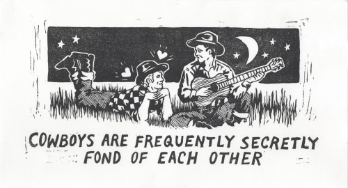 blue-nebraska:cowboys are frequently secretly fond of each other [ID: a black and white relief print