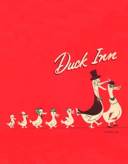 vintagepromotions: Cover of the menu at the Duck Inn in Richmond, Wisconsin, featuring a family of s