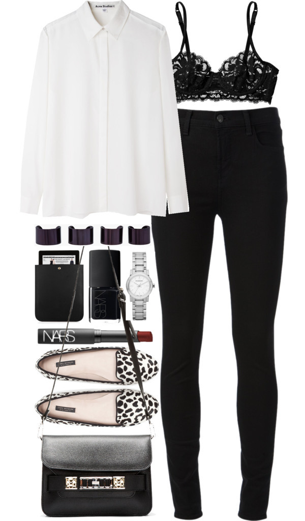 Outfit for going out by ferned featuring a brass ring
Acne Studios button front shirt, 215 AUD / J Brand black skinny jeans / La Perla black lace bra, 310 AUD / Zara Leopard Pattern Slipper, 26 AUD / Proenza Schouler leather shoulder bag, 2 195 AUD /...