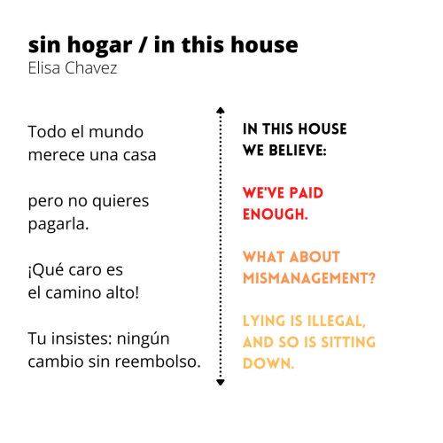 sin hogar / in this houseelisa chavezTodo el mundo merece una casapero no quieres pagarla.¡Qué caro 