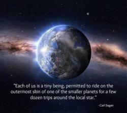 leonidasrivi: sixpenceee:  “Each of us is a tiny being, permitted to ride on the outermost skin of one of the smaller planets for a few dozen trips around the local star.” - Carl Sagan  Hello universo. 