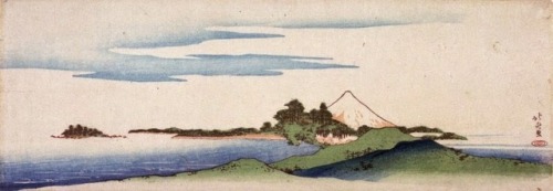 nobrashfestivity: Katsushika Hokusai, Distant view of Enoshima and Mt. Fuji, 1820-1835 Color woodblo