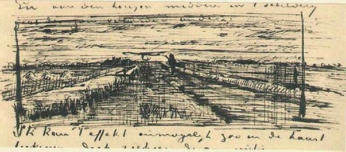 kosnost:Sketches by Vincent Van Gogh, 1882(Girl near the Stove; Sunset Over a Meadow; The Schenkweg;