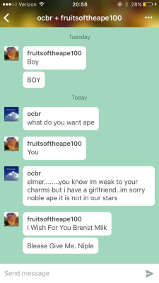 Fruitsoftheape100:  Ocbr:  In Which Elmer Asks Me For Breast Milk  Blease Give It