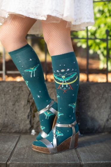 *NEW* - Mystic Moth Glow in the Dark Knee HighsTeal knee highs are dotted with stars and moths, whic