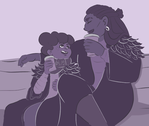 ask-reaper-and-son: @kuuttituutti [Start ID: A monochrome lilac-tinted drawing featuring Kravitz and