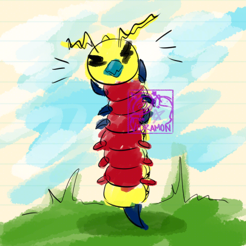 Digital doodle with rough colors on a lined manila paper background (with partial background colors doodled in for a grassy foreground and blue sky also) of Kunemon reared up to full height, balancing on his tail spike.