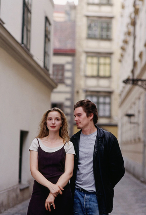 michellewilliamss:Julie Delpy and Ethan Hawke on the set of Before Sunrise.