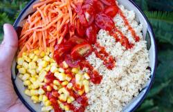 vegannomadchick:  How lazy vegans carb up: couscous! ❤️💛 Couscous is made from whole wheat. It’s like rice but tastes like pasta 😋 To make 1 cup of couscous, heat 1 cup of water til boiling. Add 1 cup of couscous, stir well, turn off the heat