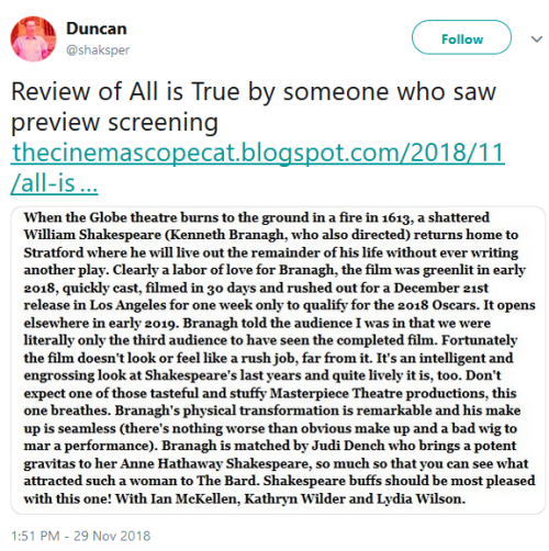 ken-branagh:Early reactions to Kenneth Branagh’s new Shakespeare movie All is True from preview scre