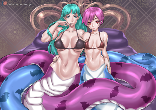 violet-scales: Commission done by Redjet Support Redjet on Patreon   Kinda late but I wanted to do a Commission for Halloween holiday.I asked Redjet   this time to make the two Succubus Darkstalker characters Morrigan and Liltih into Lamia’s. 
