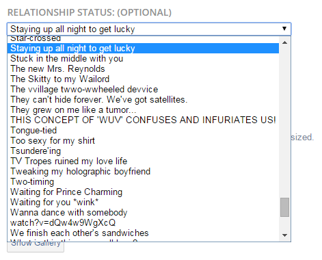 dumbass-bitch-disease:  imascoldasiceascoldasicecanbe: fano-tastic:  marshmellowtea:  high-metafive:  so i made and account on tv tropes and it asked for my relationship status i went over and was about to put in “single” or “it’s complicated”