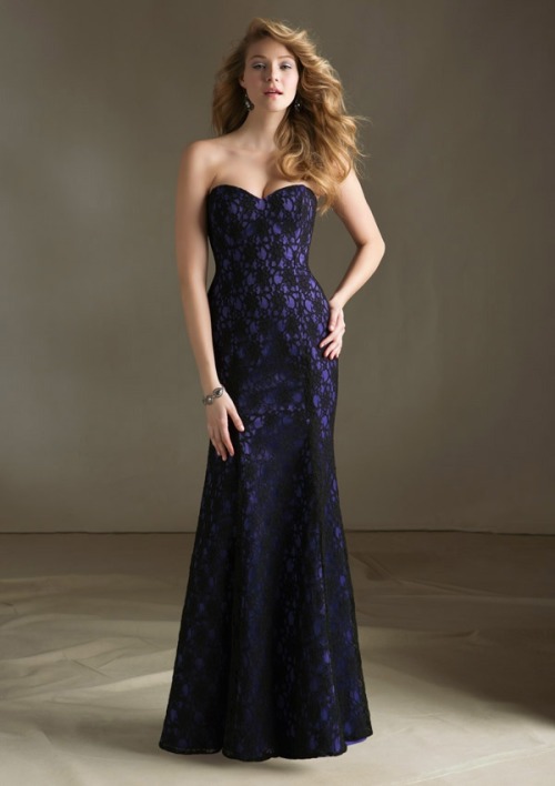 Strapless Sweetheart Black Lace Overlay Grape Lining Long Bridesmaid Dress