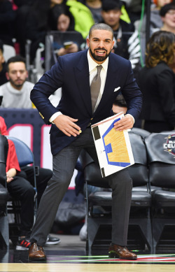 fordrizzydrake:    Drake attends the 2016 NBA All-Star Celebrity Game at Ricoh Coliseum on February 12, 2016 in Toronto, Canada.  