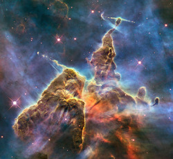 itsnotharris:  - Visible View of Pillar and Jets HH 901/902— Hubble Captures View of ‘Mystic Mountain’Object name: HH 901; HH 902; This craggy fantasy mountaintop enshrouded by wispy clouds looks like a bizarre landscape from Tolkien’s “The