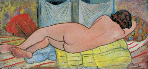 Tymon Niesiołowski (Polish, 1882 - 1965) Two-sided picture: 1. Reclining nude on the patterned backg